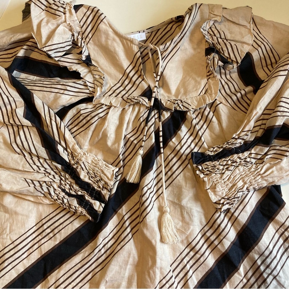 Long Sleeved Ruffle Top‎ | Black & Cream Striped Blouse Karlie 100% Cotton - Picture 10 of 11